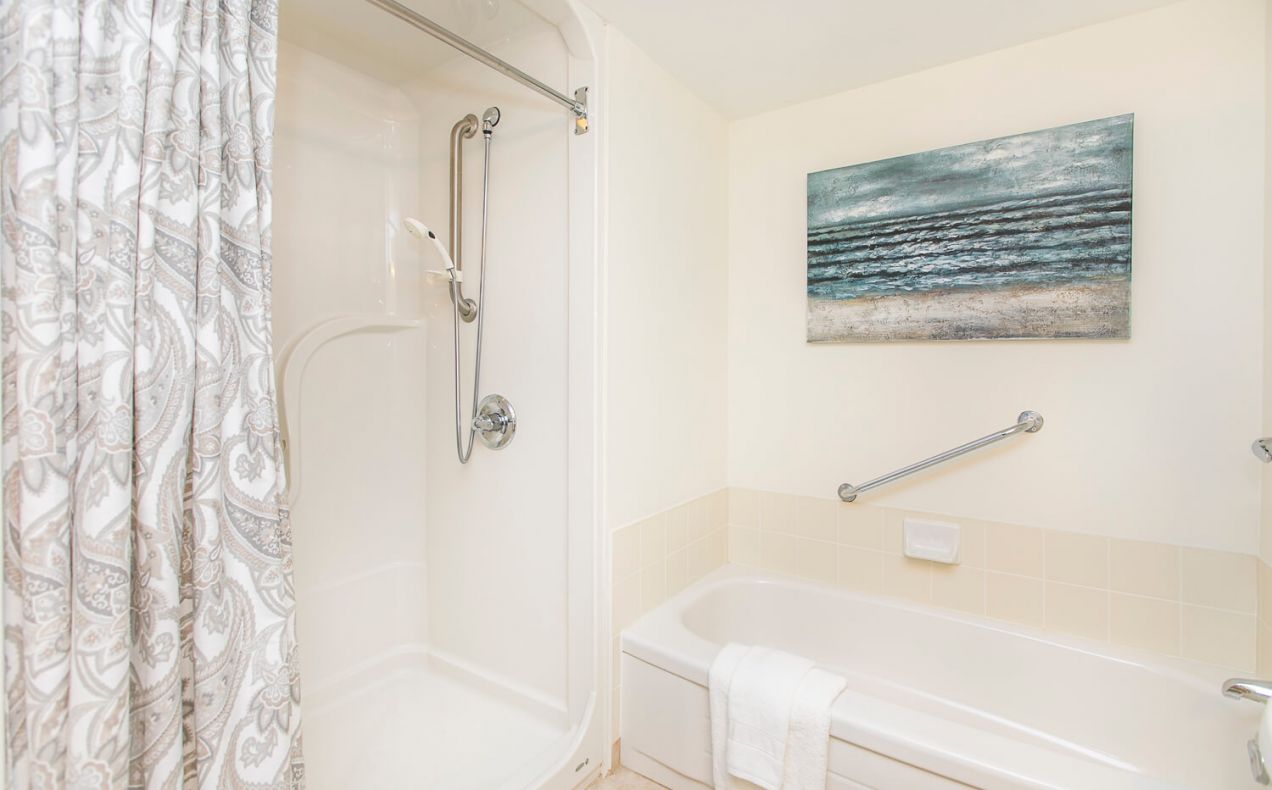 Large bathroom with shower and bathtub