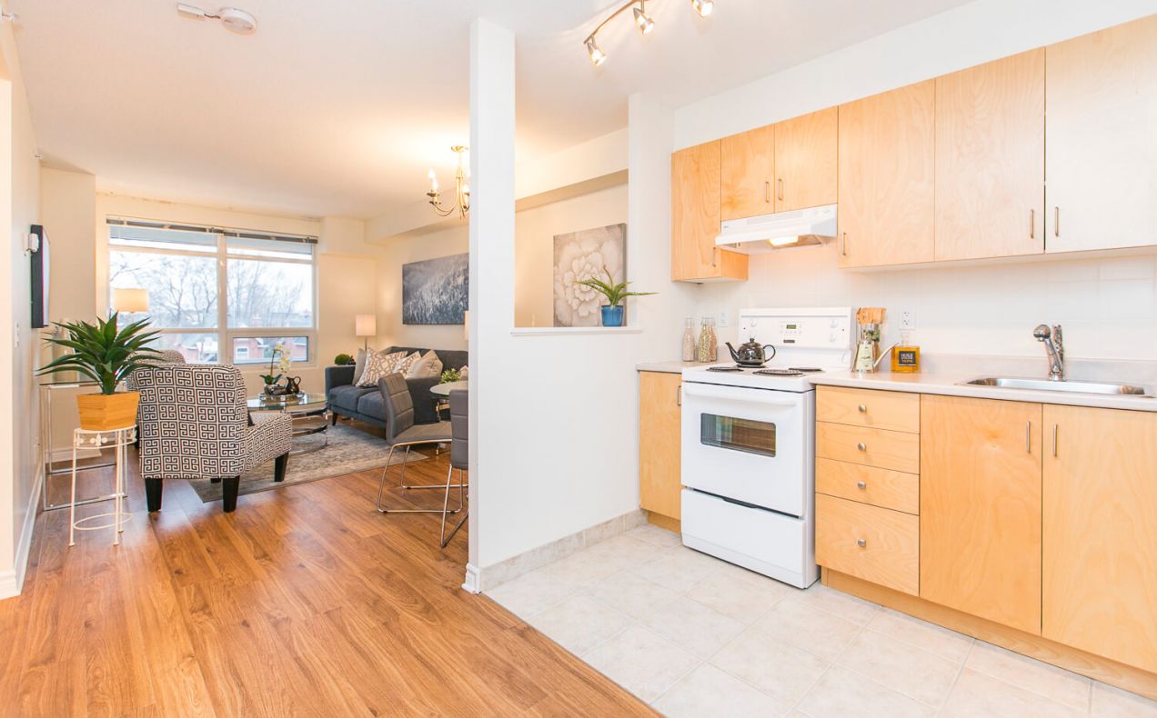 Spacious apartment living room and kitchen